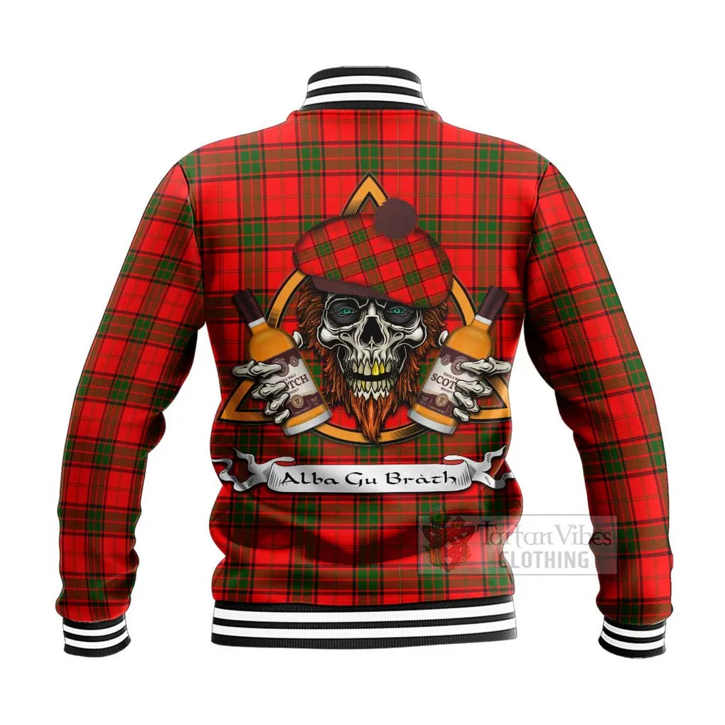 Adair Tartan Baseball Jacket with Family Crest and Bearded Skull Holding Bottles of Whiskey