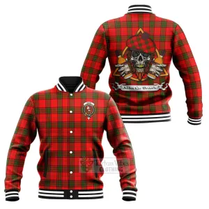 Adair Tartan Baseball Jacket with Family Crest and Bearded Skull Holding Bottles of Whiskey