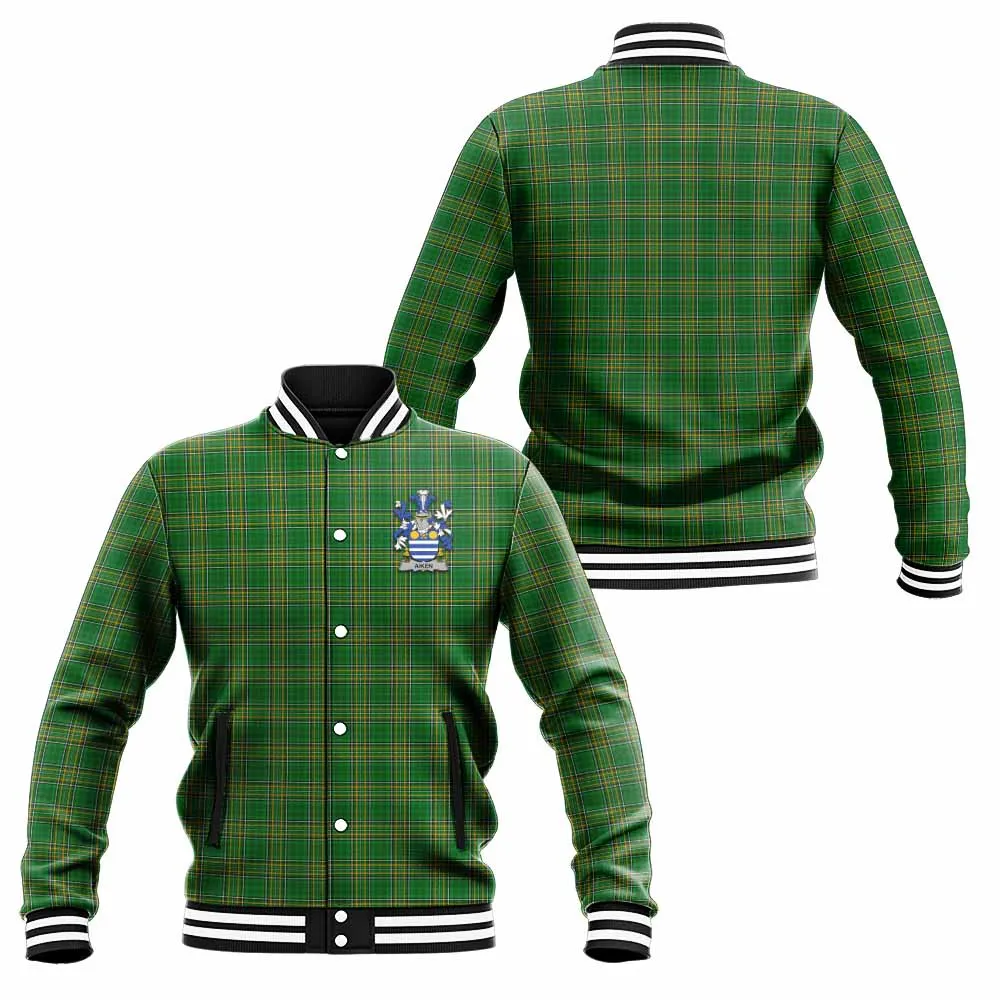 Aiken Irish Clan Tartan Baseball Jacket with Coat of Arms