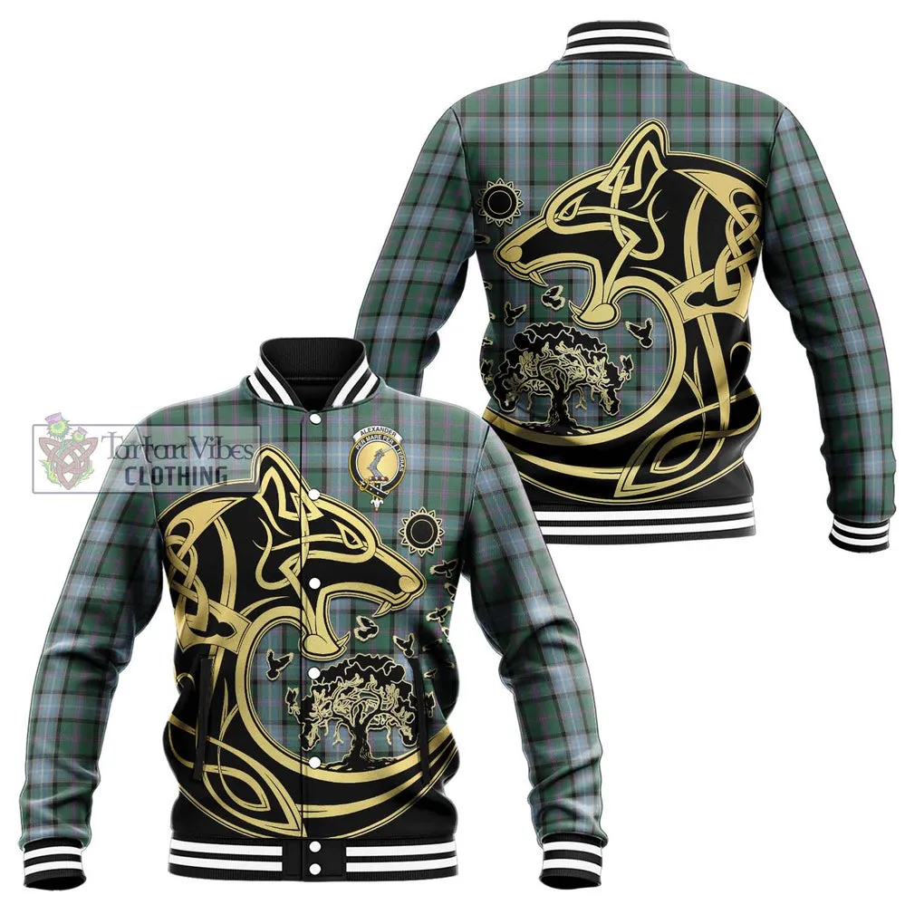 Alexander of Menstry Hunting Tartan Baseball Jacket with Family Crest Celtic Wolf Style