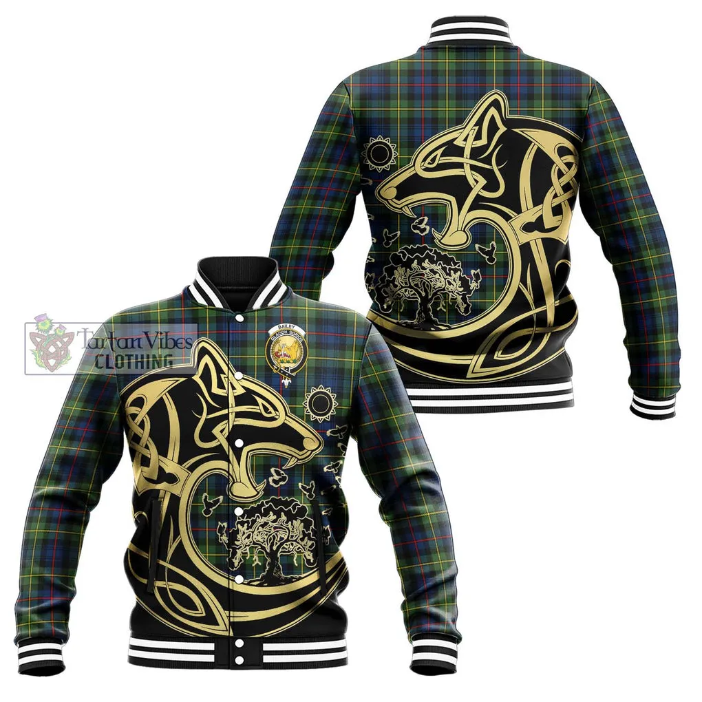 Bailey Modern Tartan Baseball Jacket with Family Crest Celtic Wolf Style