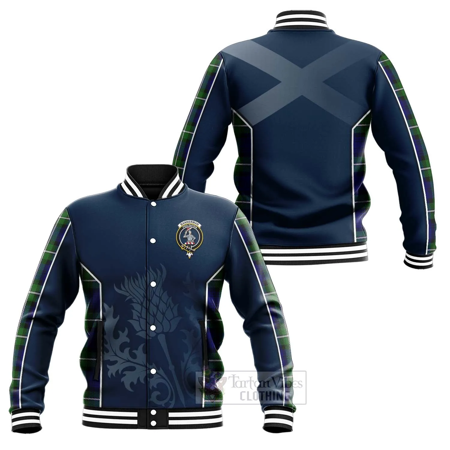 Bannerman Tartan Baseball Jacket with Family Crest and Scottish Thistle Vibes Sport Style