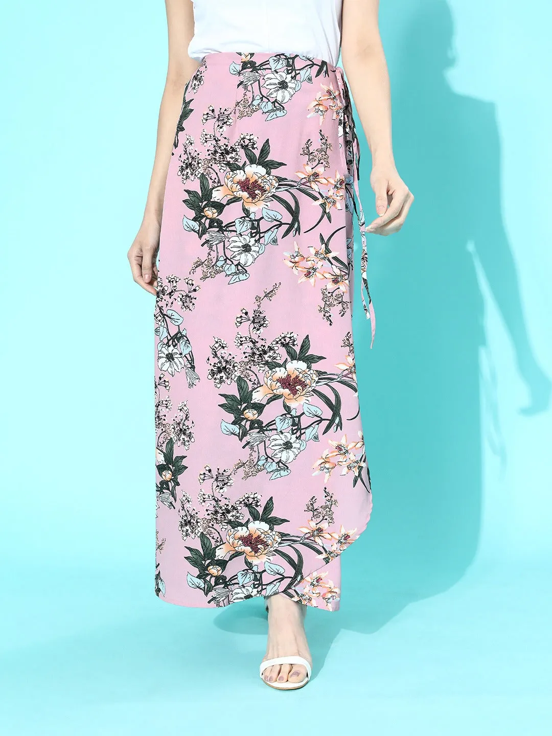 Berrylush Women Multicoloured Floral Printed Side Tie-Up Flared Wrap Maxi Skirt