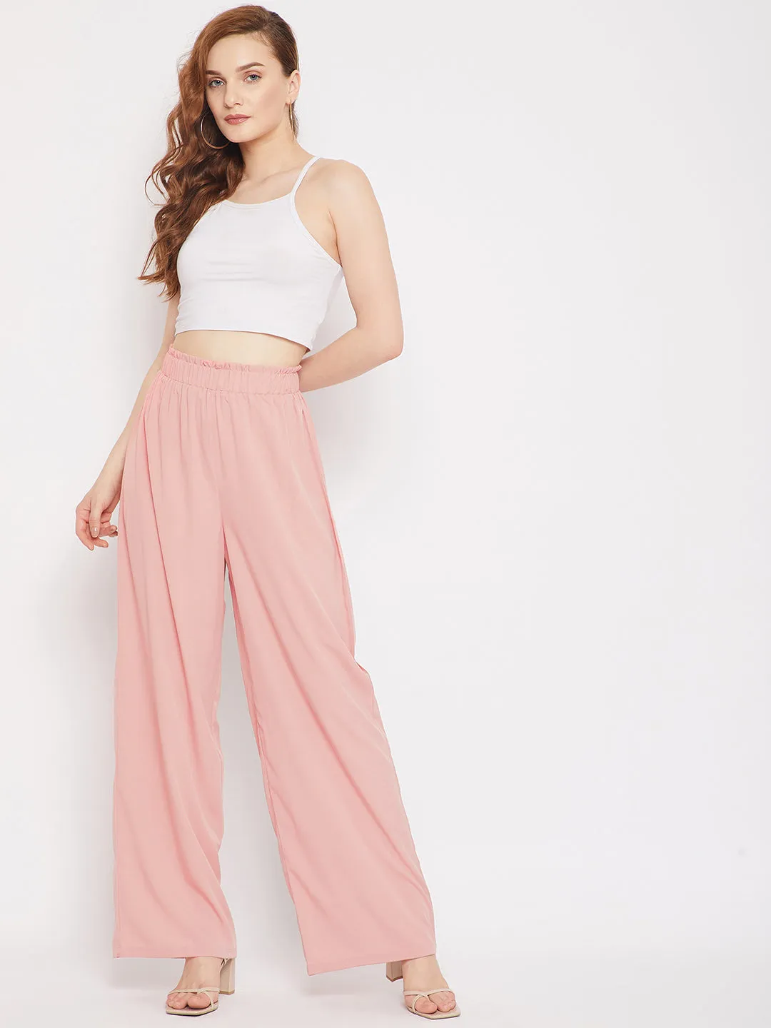 Berrylush Women Solid Pink Paperbag Waist High-Rise Wide Leg Pleated Pants