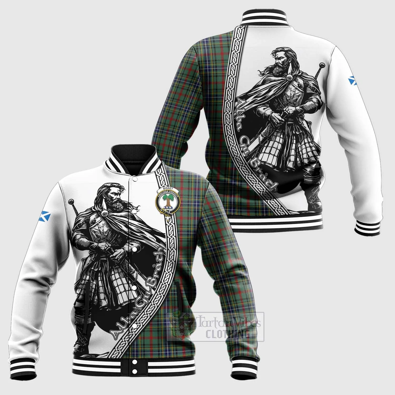 Bisset Tartan Clan Crest Baseball Jacket with Highlander Warrior Celtic Style