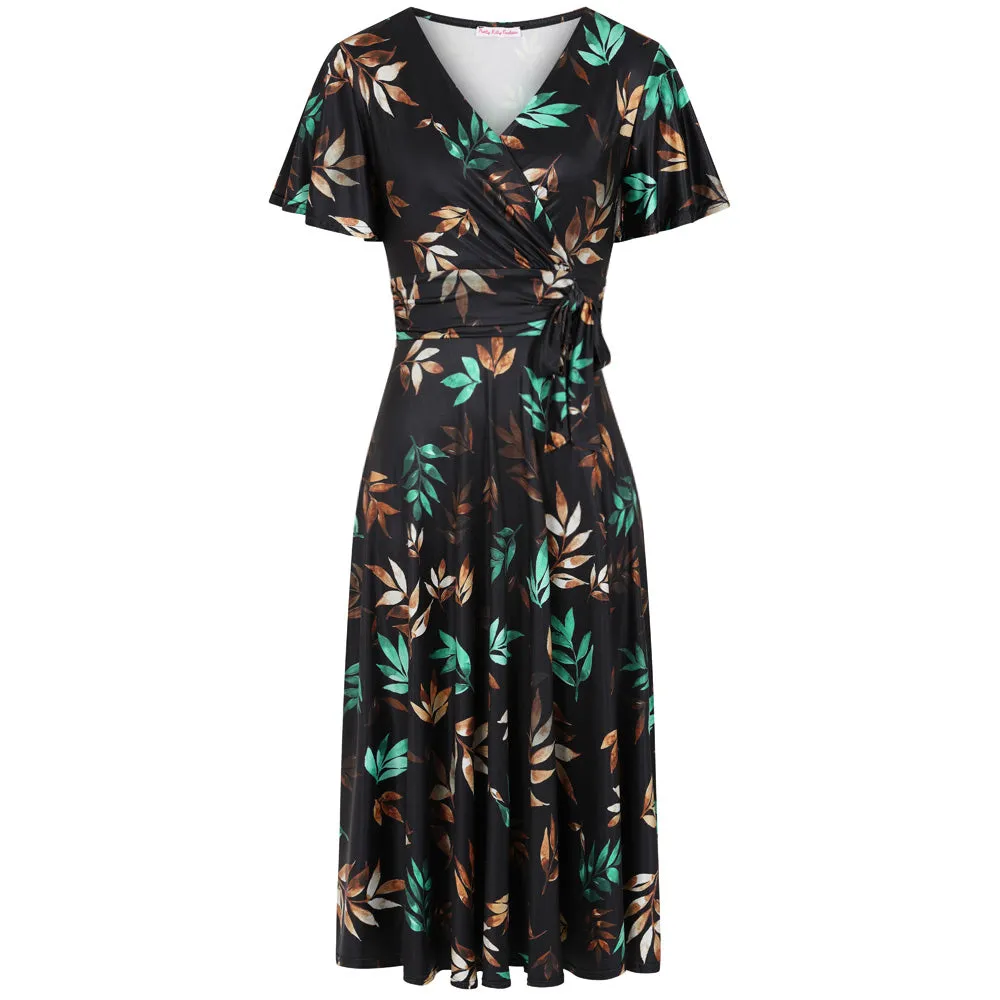 Black Brown Turquoise Autumnal Leaf Print Cap Sleeve V Neck Wrap Top Swing Dress