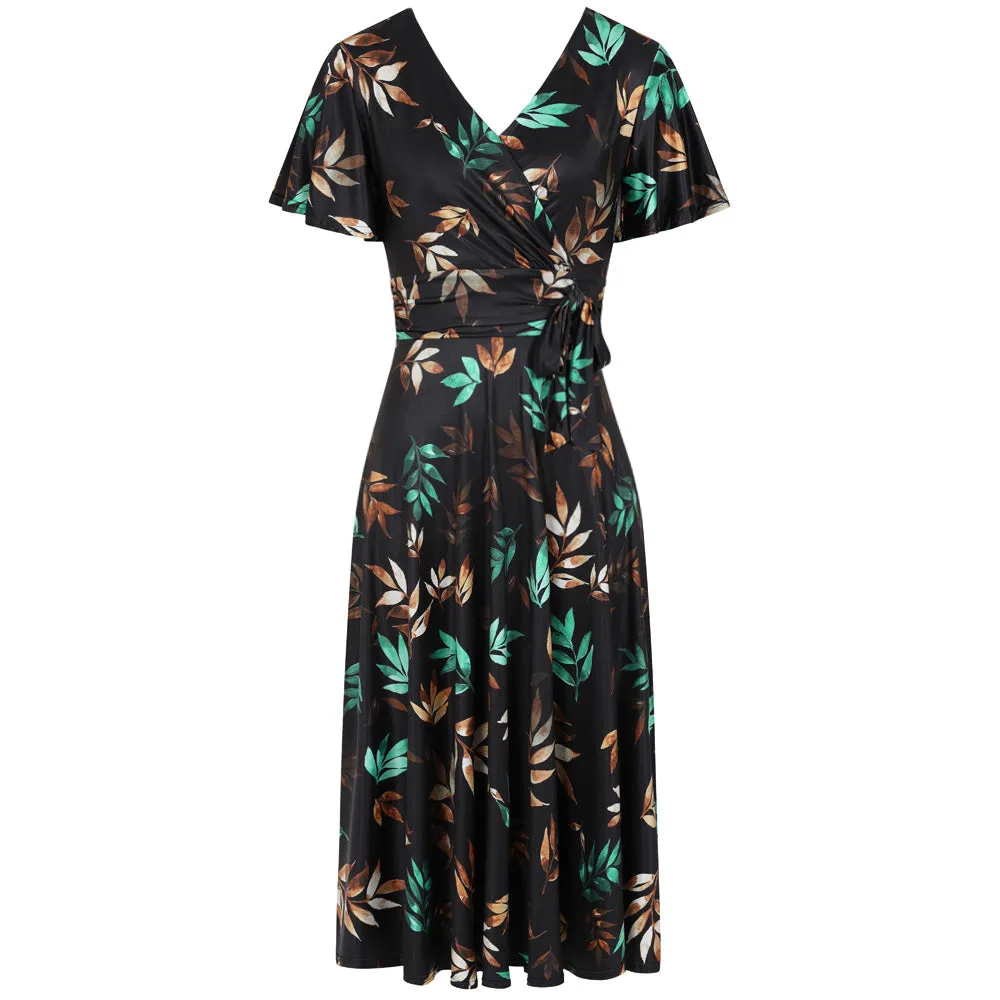 Black Brown Turquoise Autumnal Leaf Print Cap Sleeve V Neck Wrap Top Swing Dress