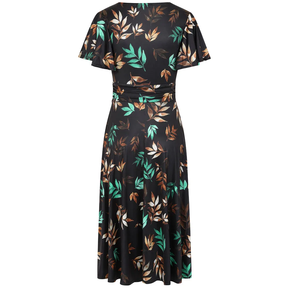 Black Brown Turquoise Autumnal Leaf Print Cap Sleeve V Neck Wrap Top Swing Dress