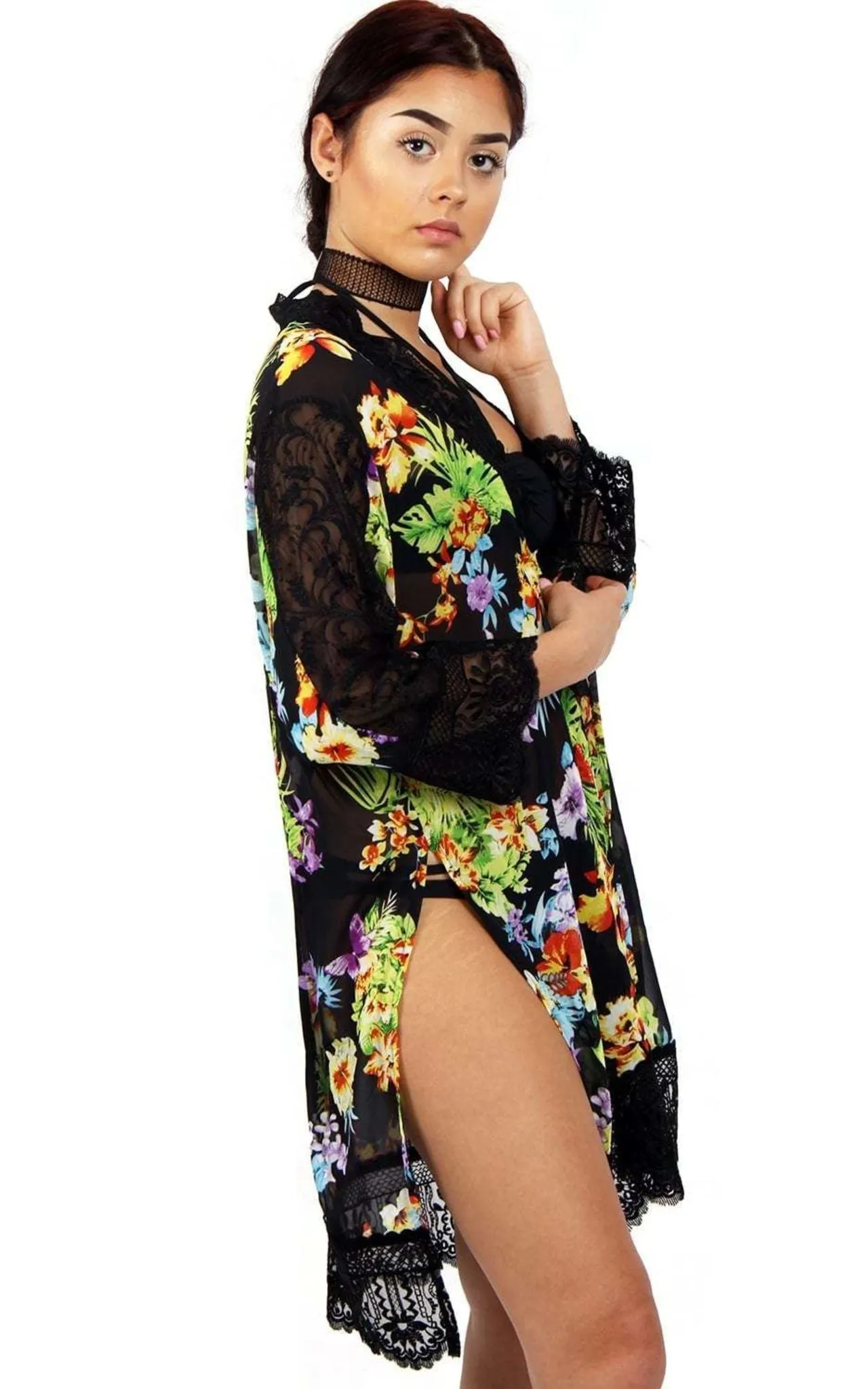 Black Tropical Floral Print Longline Kimono With Lace Trim And Side Splits