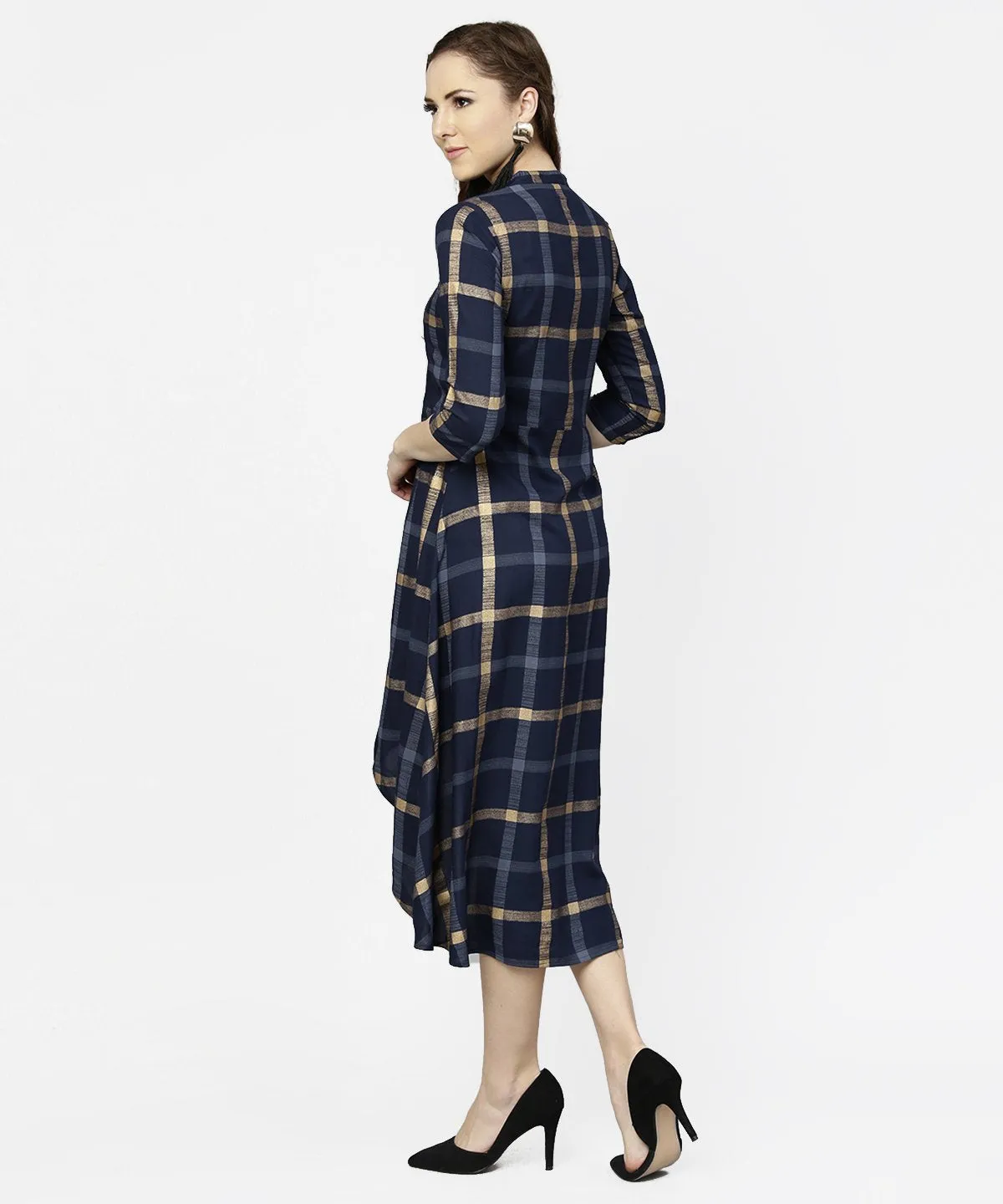 Blue Checked 3/4Th Sleeve Cotton Front Slit Dress