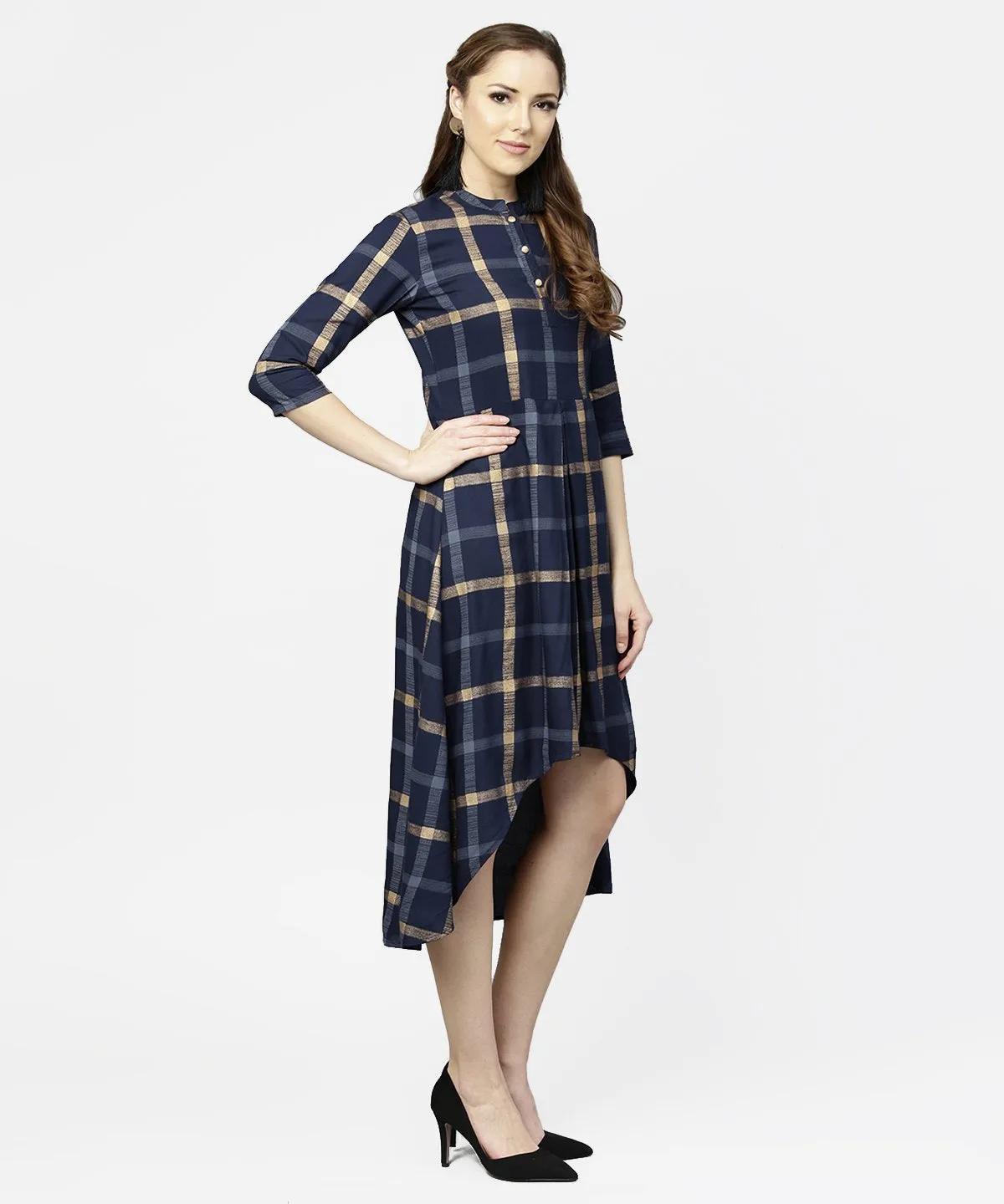 Blue Checked 3/4Th Sleeve Cotton Front Slit Dress