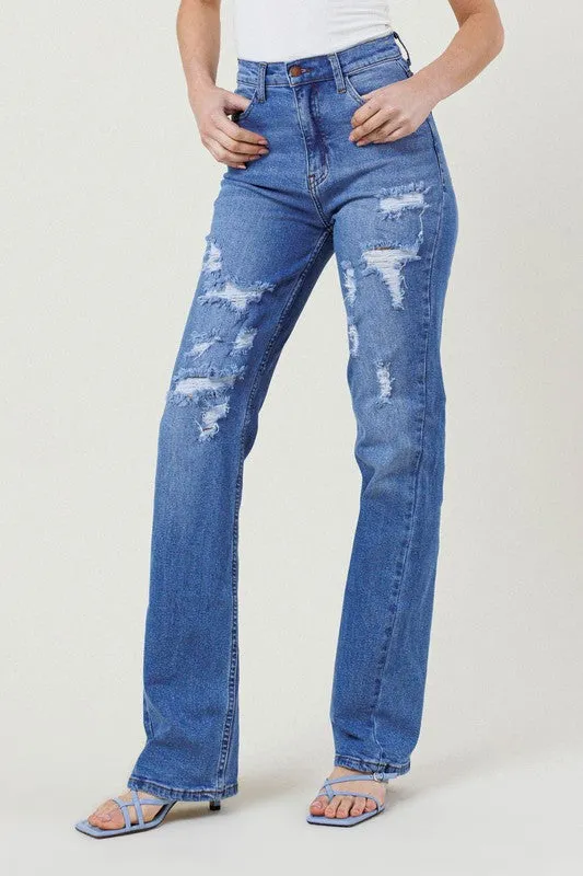 Blue High Rise Distressed Straight Leg Jeans