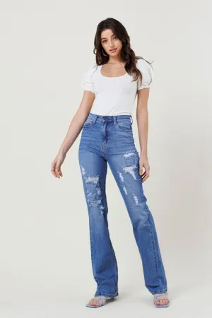 Blue High Rise Distressed Straight Leg Jeans