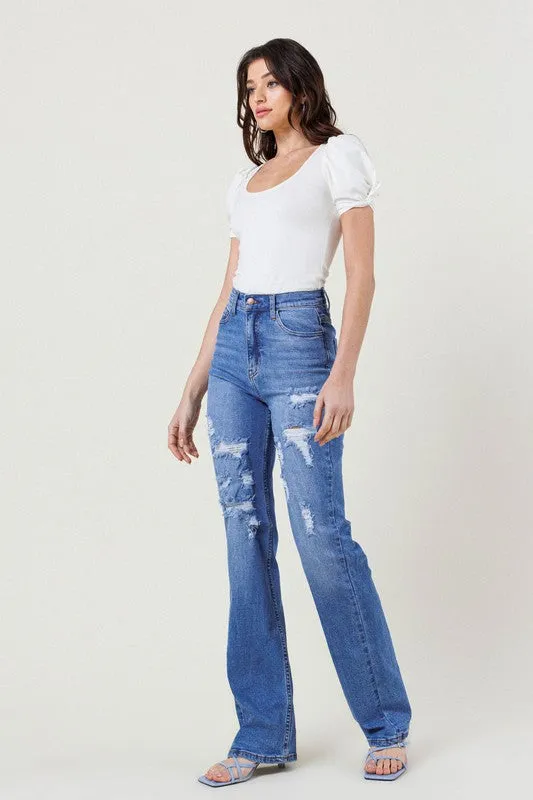 Blue High Rise Distressed Straight Leg Jeans