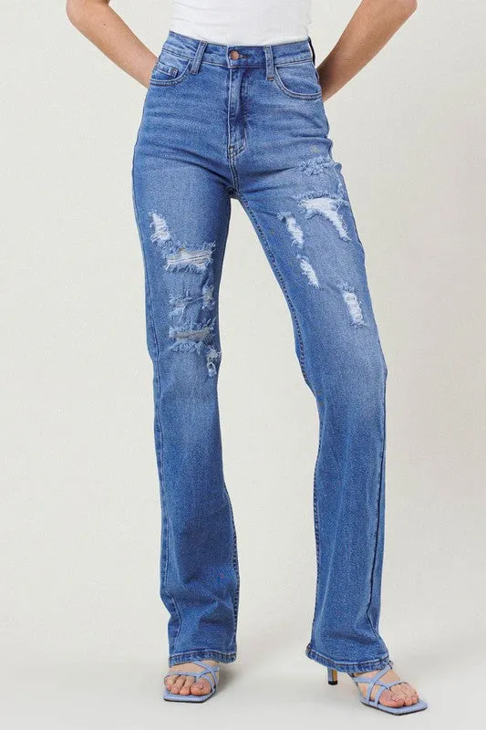 Blue High Rise Distressed Straight Leg Jeans