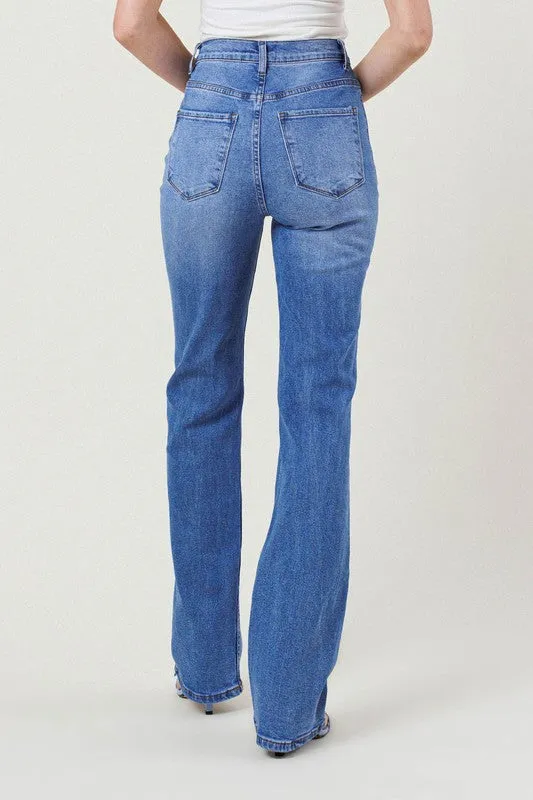 Blue High Rise Distressed Straight Leg Jeans