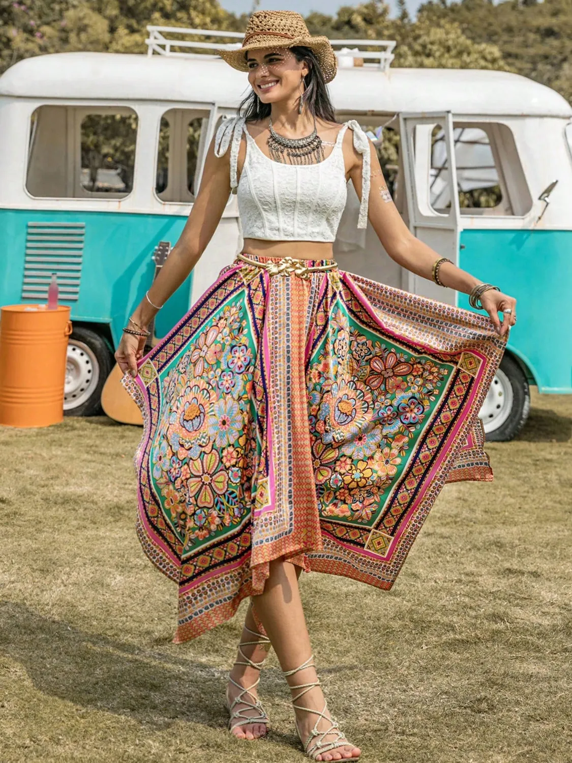 Boho Printed High Waist Midi Skirt Women's Festival Fashion Handkerchief Hem Skirt