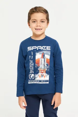 Boys Navy Space Printed Long Sleeve T-Shirt