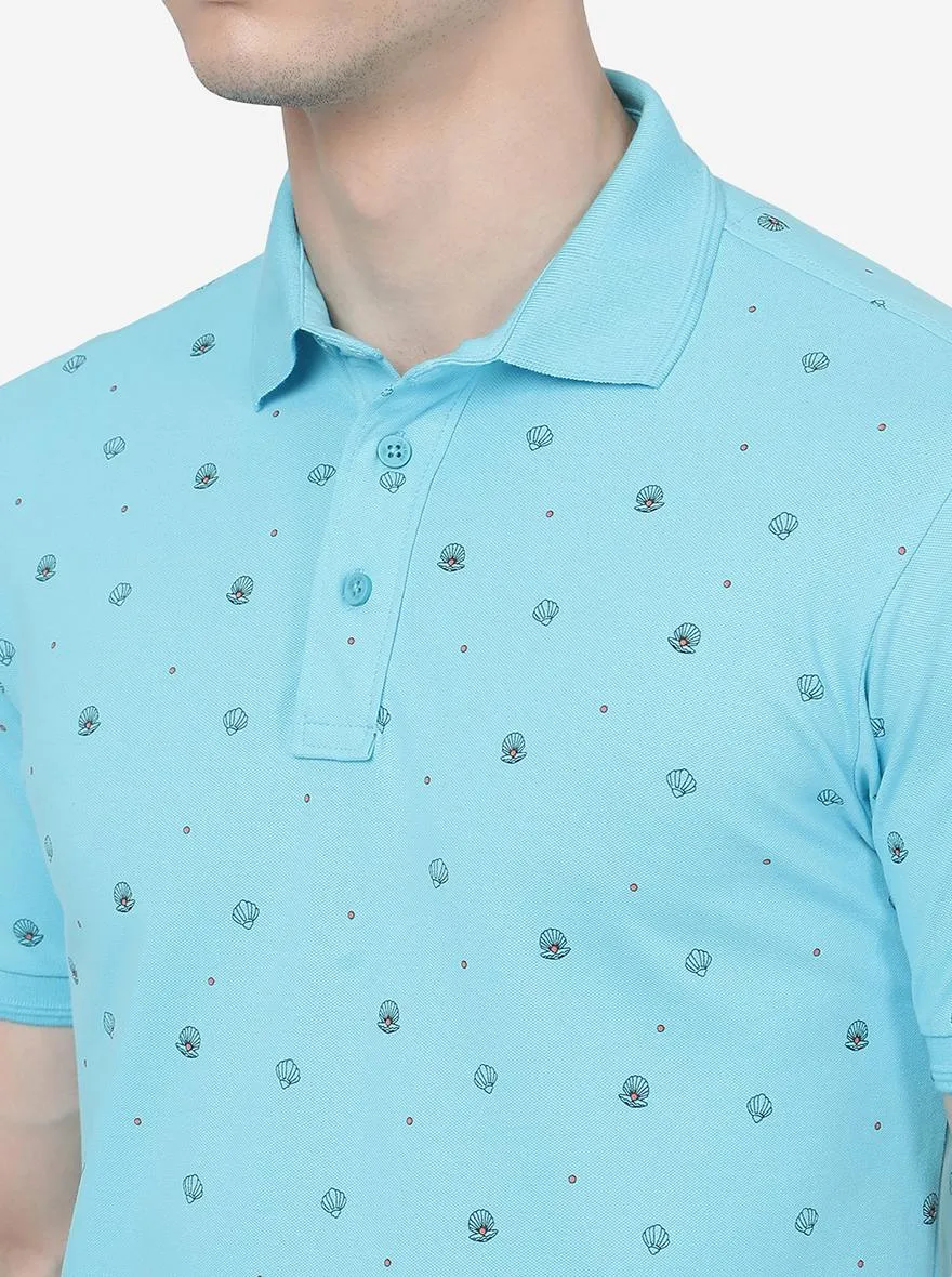 Button Blue Printed Slim Fit Polo T-Shirt | JadeBlue