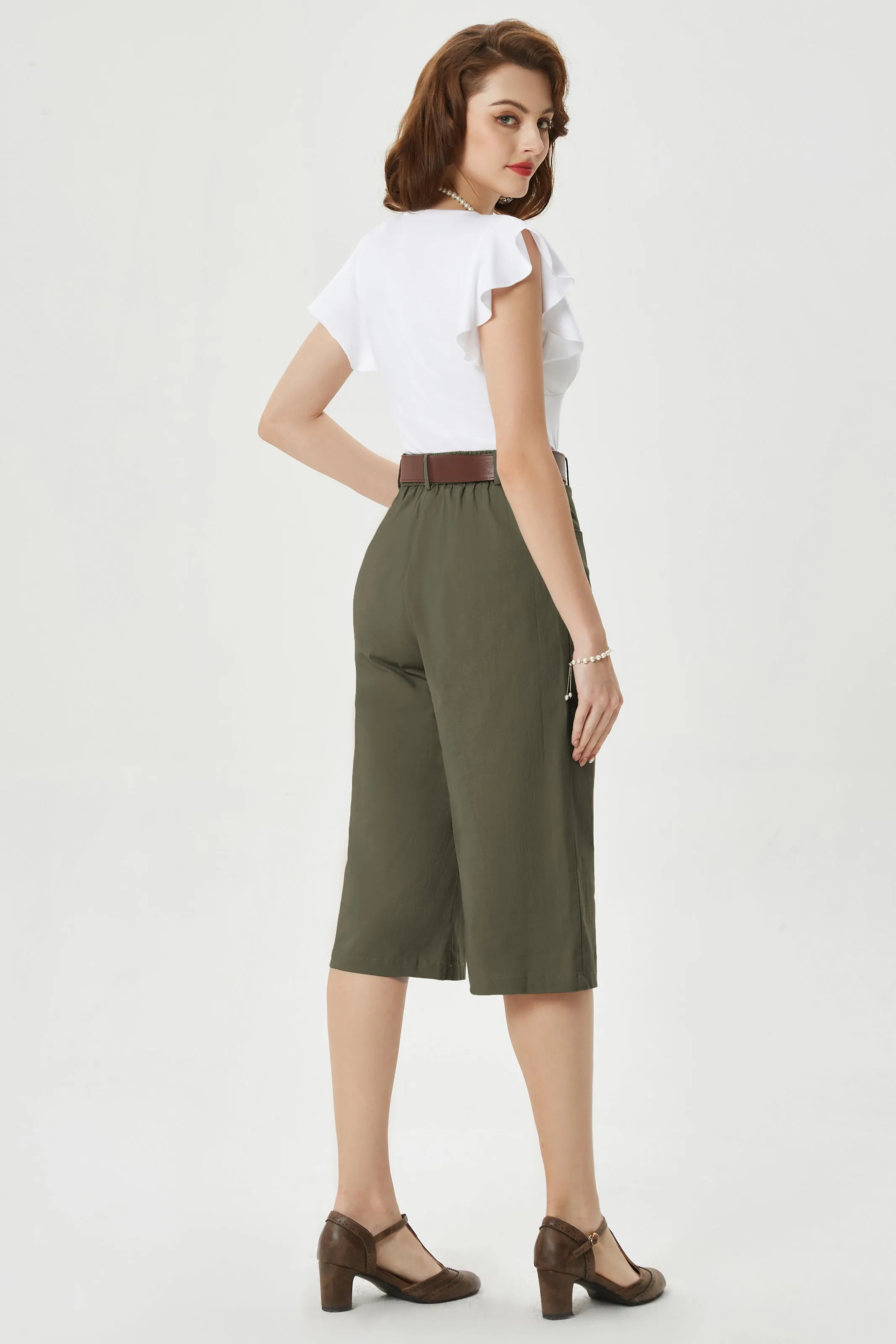 Casual Capris Summer High Wiasted Wide Leg Capris with Pockets & Belt