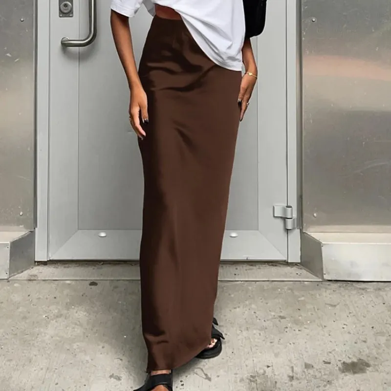 Casual Slim Fit Solid Color High-Waisted Maxi Skirt for Women