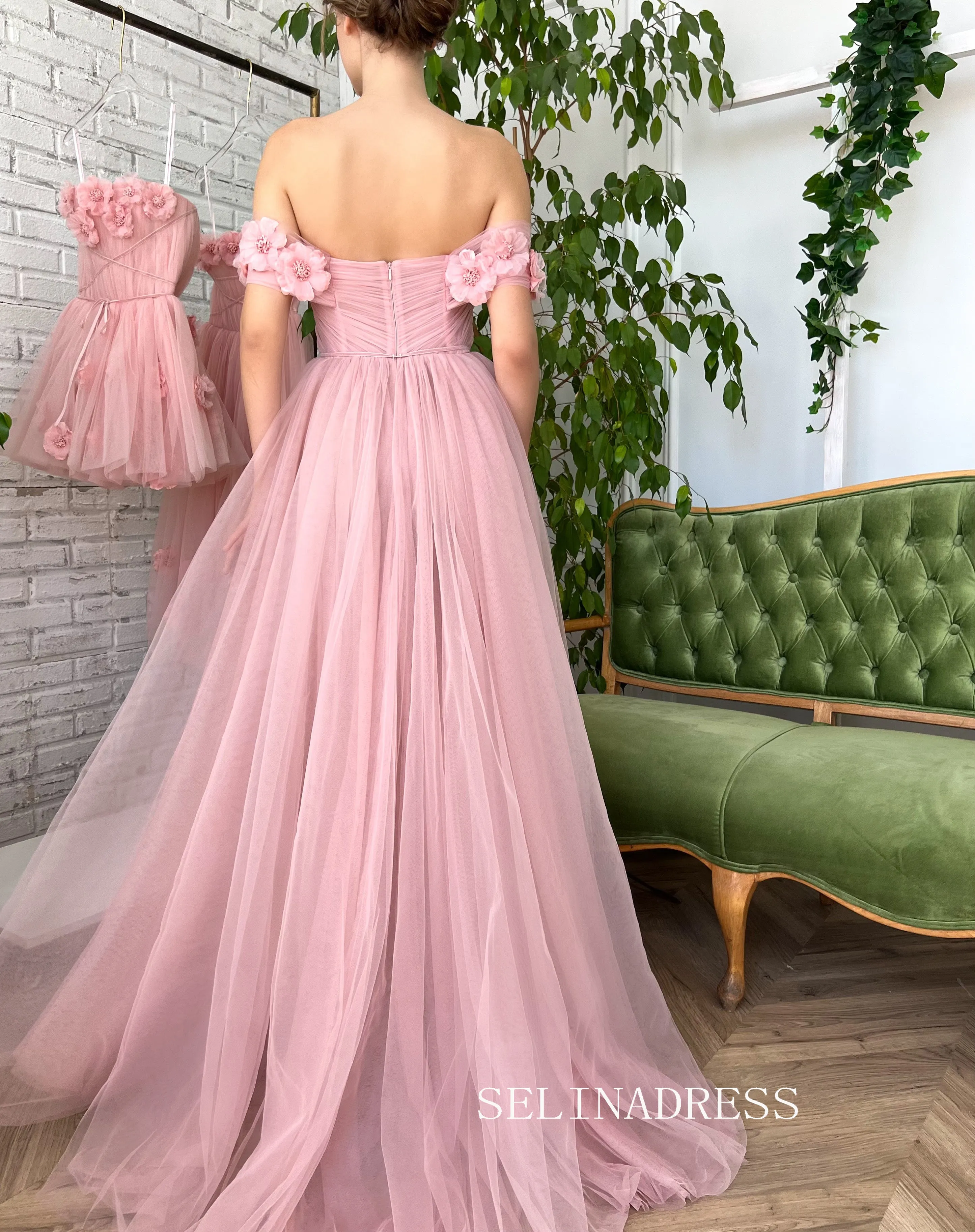 Chic Beautiful Long Prom Dress With Flower Off-the-shoulder Pink Princess Formal Dress Evening Dress JKSS43