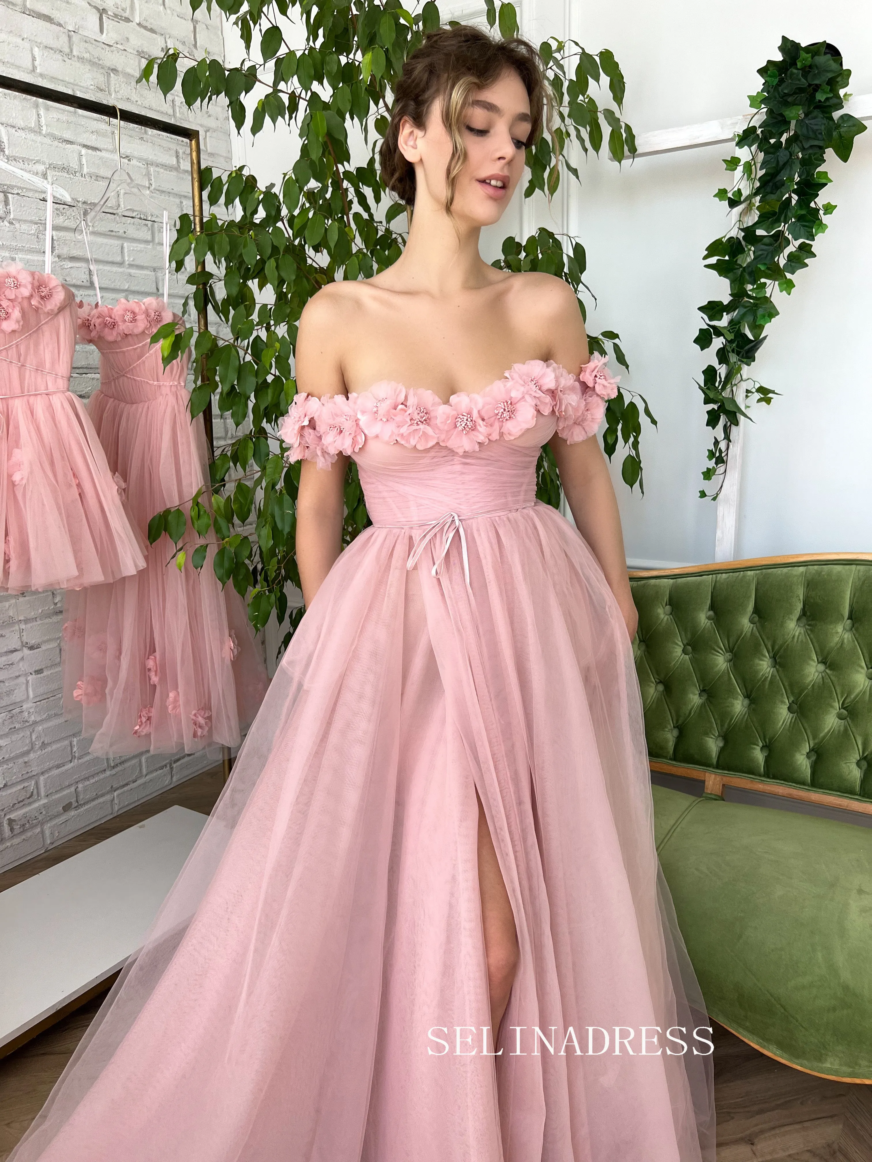 Chic Beautiful Long Prom Dress With Flower Off-the-shoulder Pink Princess Formal Dress Evening Dress JKSS43