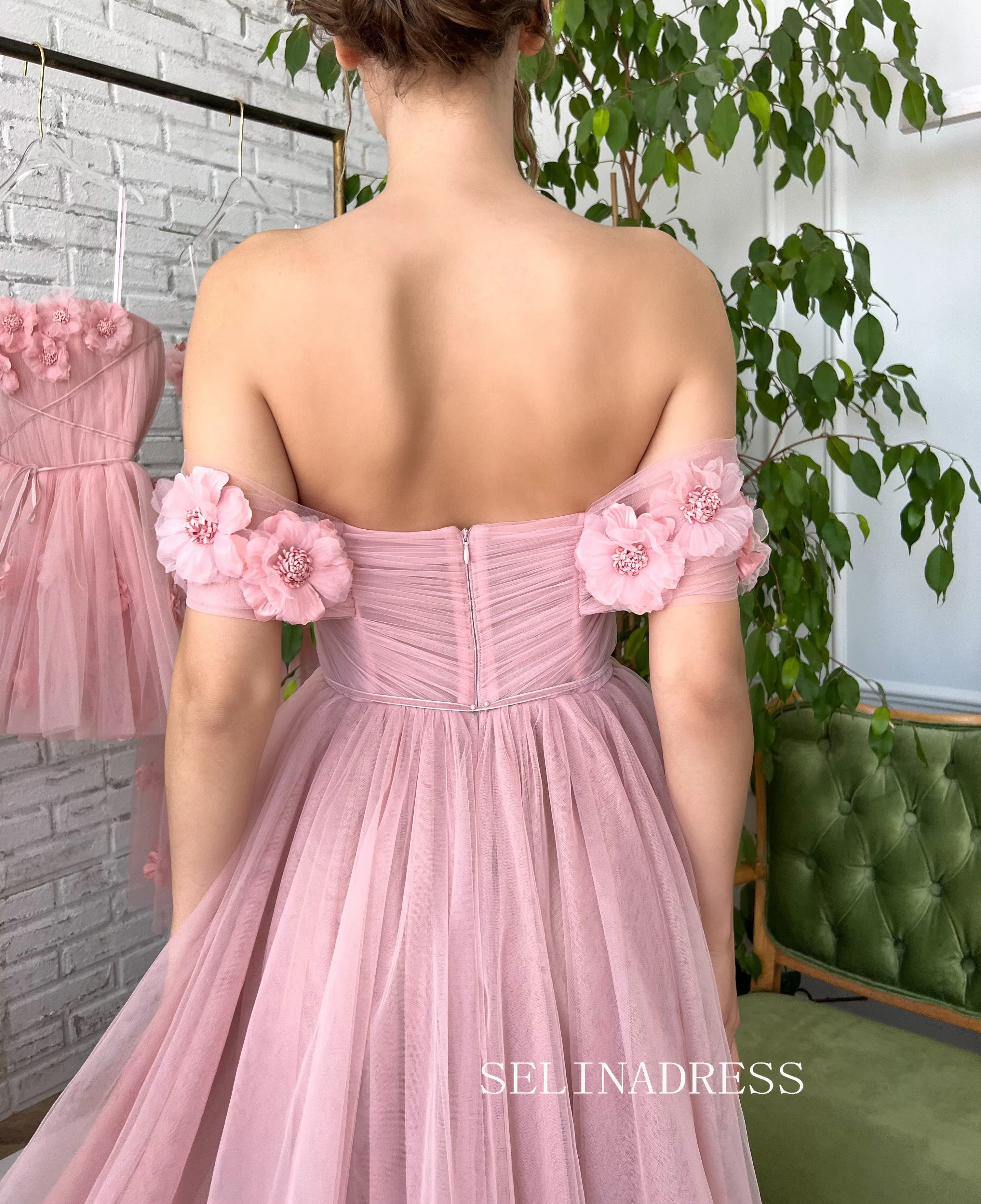 Chic Beautiful Long Prom Dress With Flower Off-the-shoulder Pink Princess Formal Dress Evening Dress JKSS43