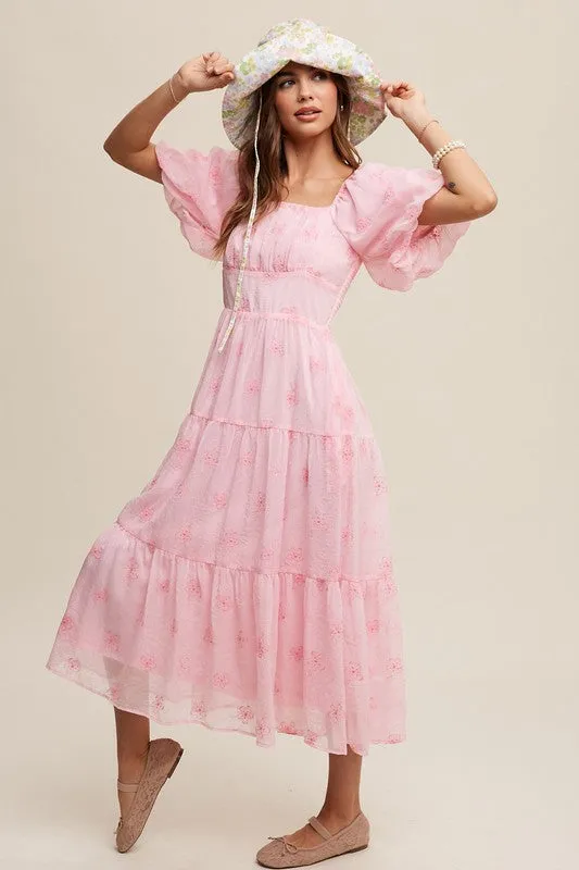 Christy Flower Embroidered Puff Sleeve Tiered Maxi Dress