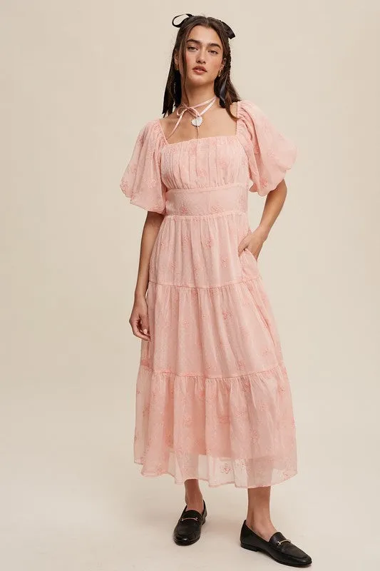 Christy Flower Embroidered Puff Sleeve Tiered Maxi Dress