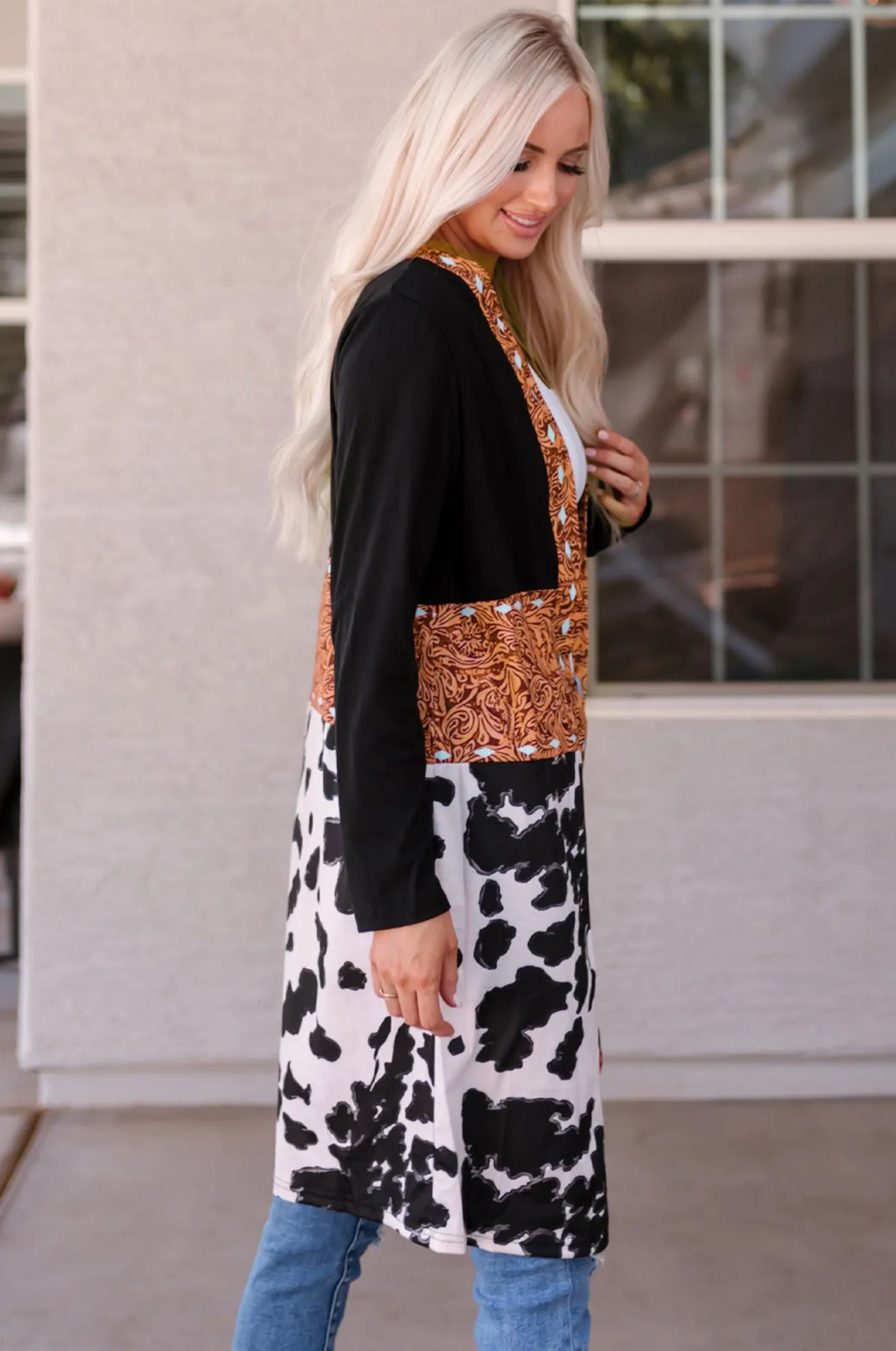 Cow Print Patchwork Open Front Cardigan