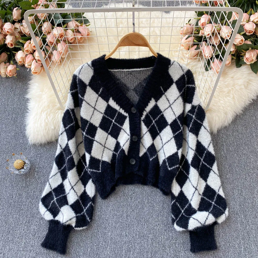 Cute diamond knit cardigan short sweater crop tops   S590