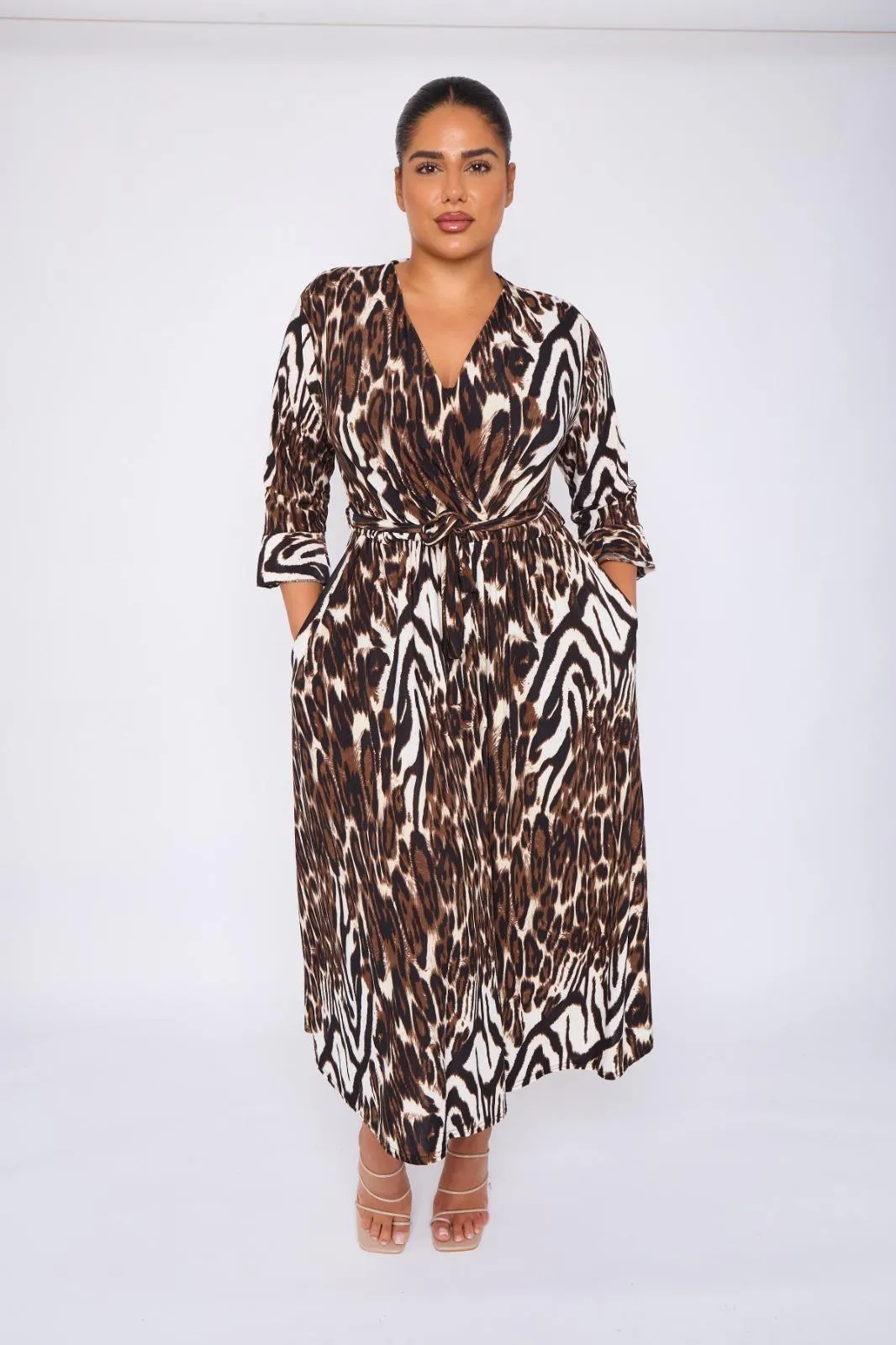 Dani Faux Wrap 3/4 Sleeve Dress in Brown Leopard