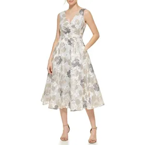 Eliza J Women's Midi Style Floral Organza Sleeveless V-Neck Dress, Ivory Gold