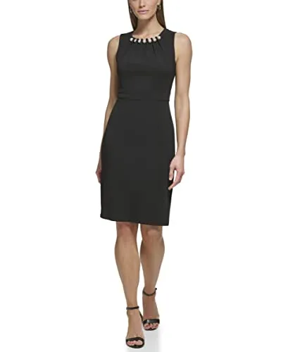 Eliza J Women's Style with Pearl Neckline Knit Sleeveless Crewneck Dress, Black