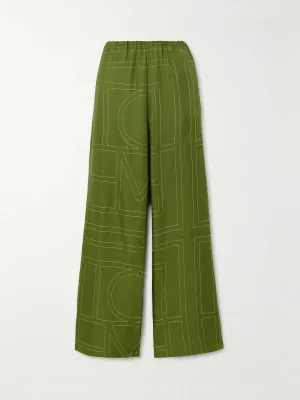 Embroidered silk-twill wide-leg pants