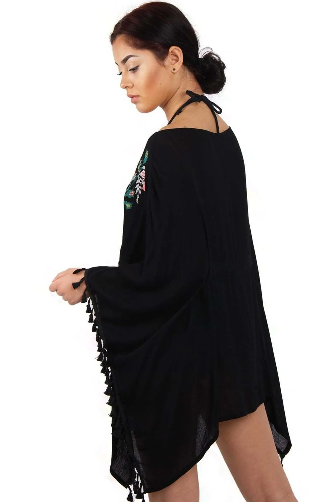 Floral Embroidery Belt Tassel Trim Kaftan Top