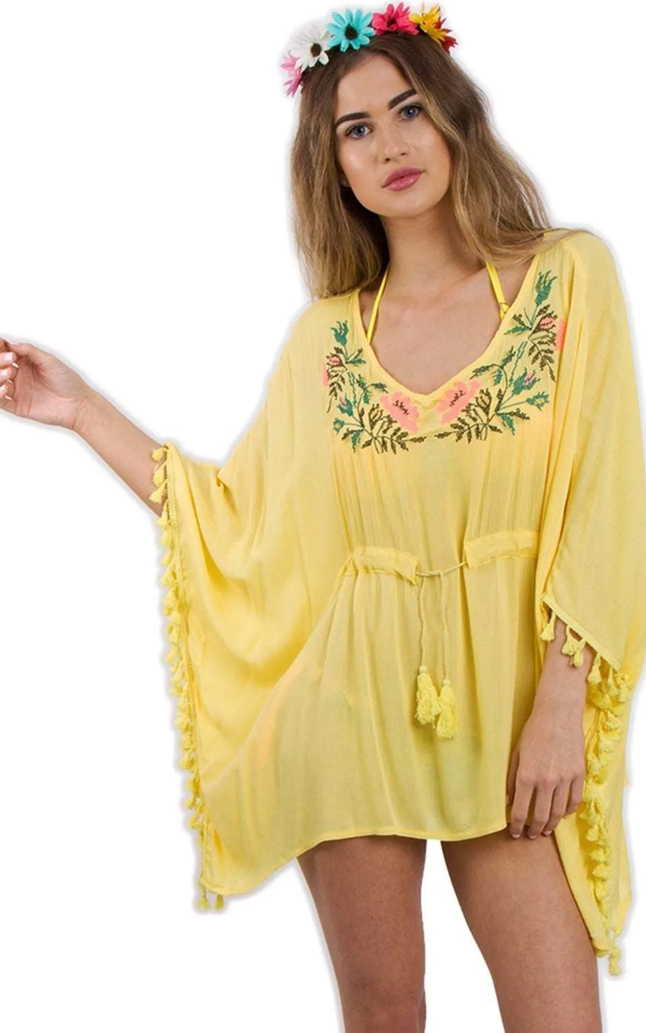 Floral Embroidery Belt Tassel Trim Kaftan Top