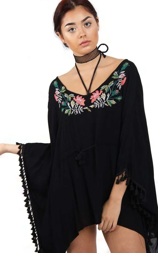 Floral Embroidery Belt Tassel Trim Kaftan Top