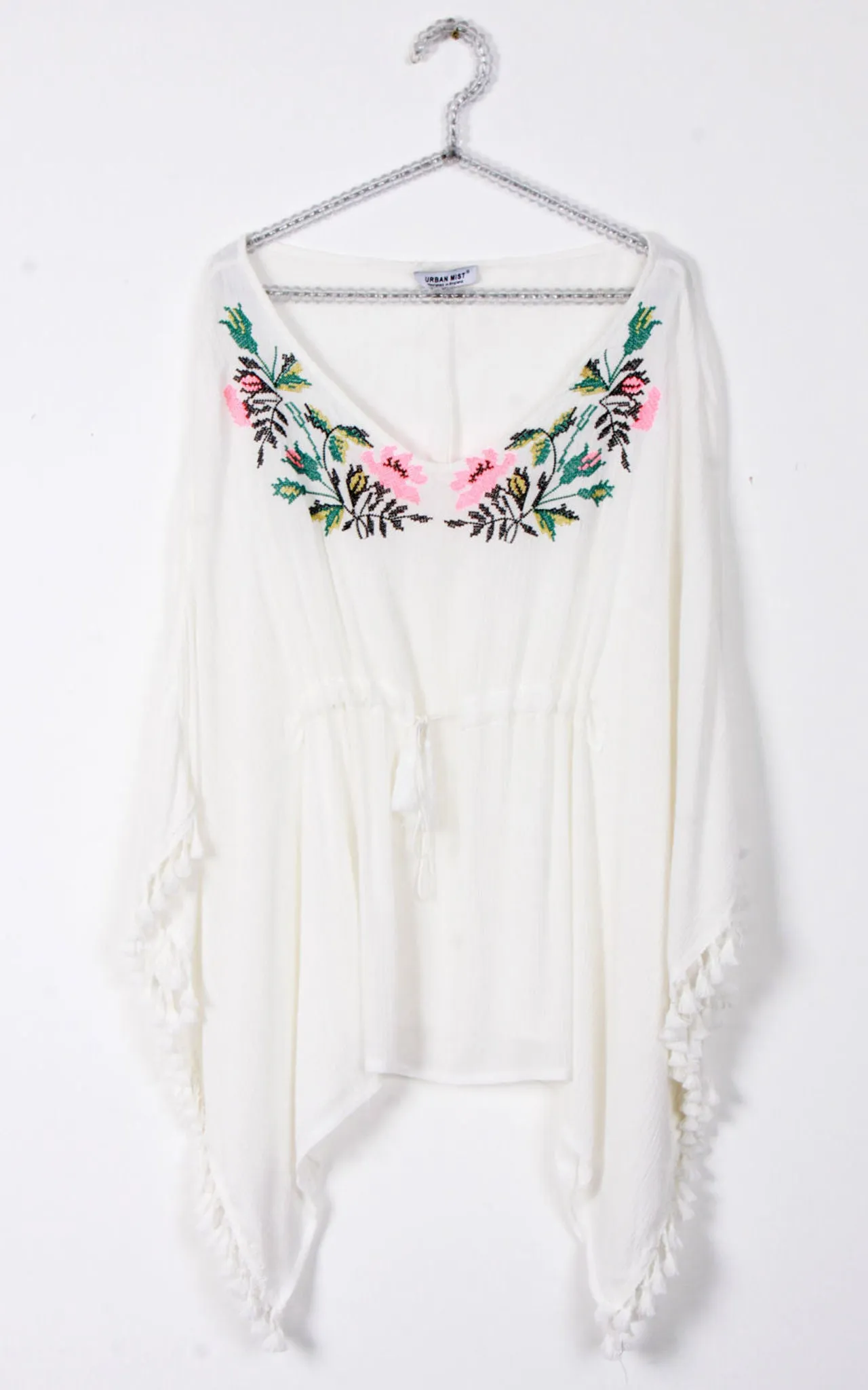 Floral Embroidery Belt Tassel Trim Kaftan Top