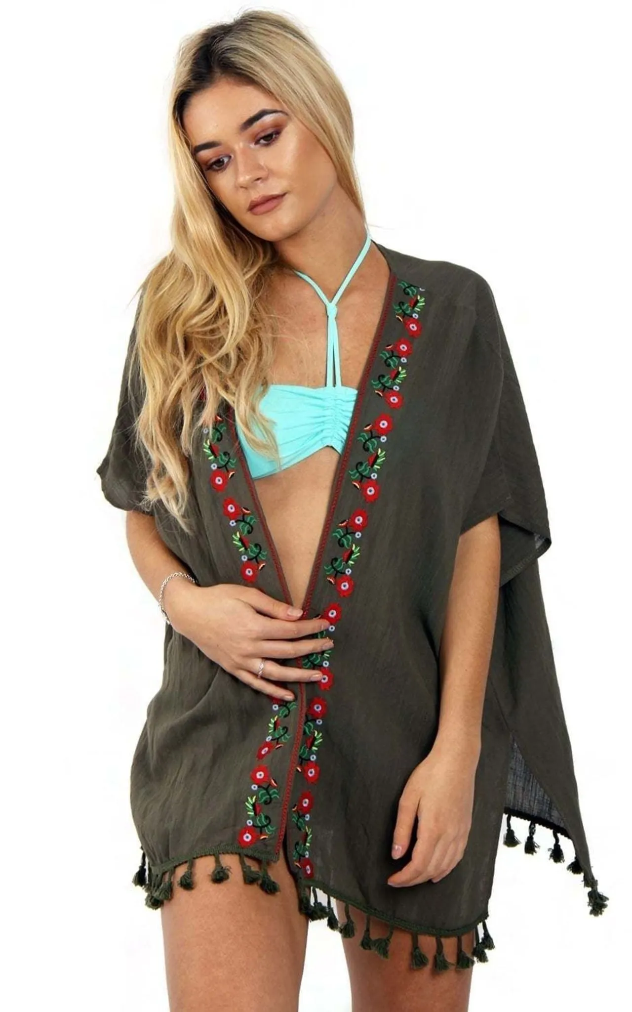 Floral Embroidery Tassel Kimono