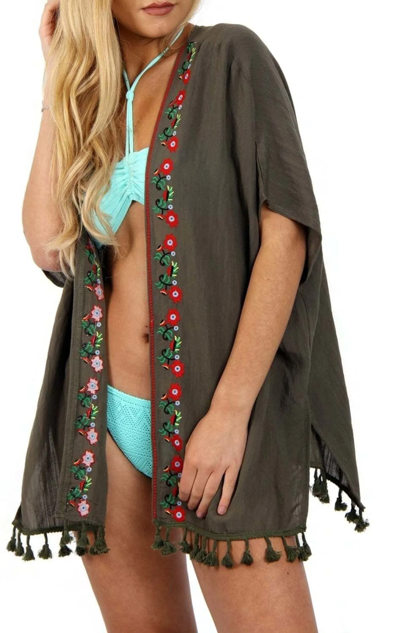 Floral Embroidery Tassel Kimono