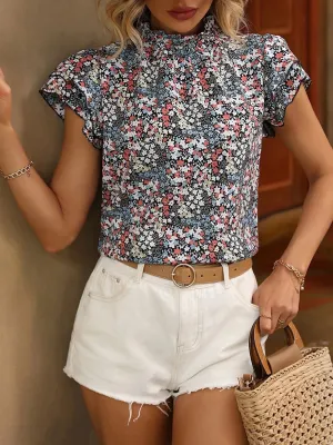 Floral Mock Neck Cap Sleeve Blouse Women's Short Sleeve Top