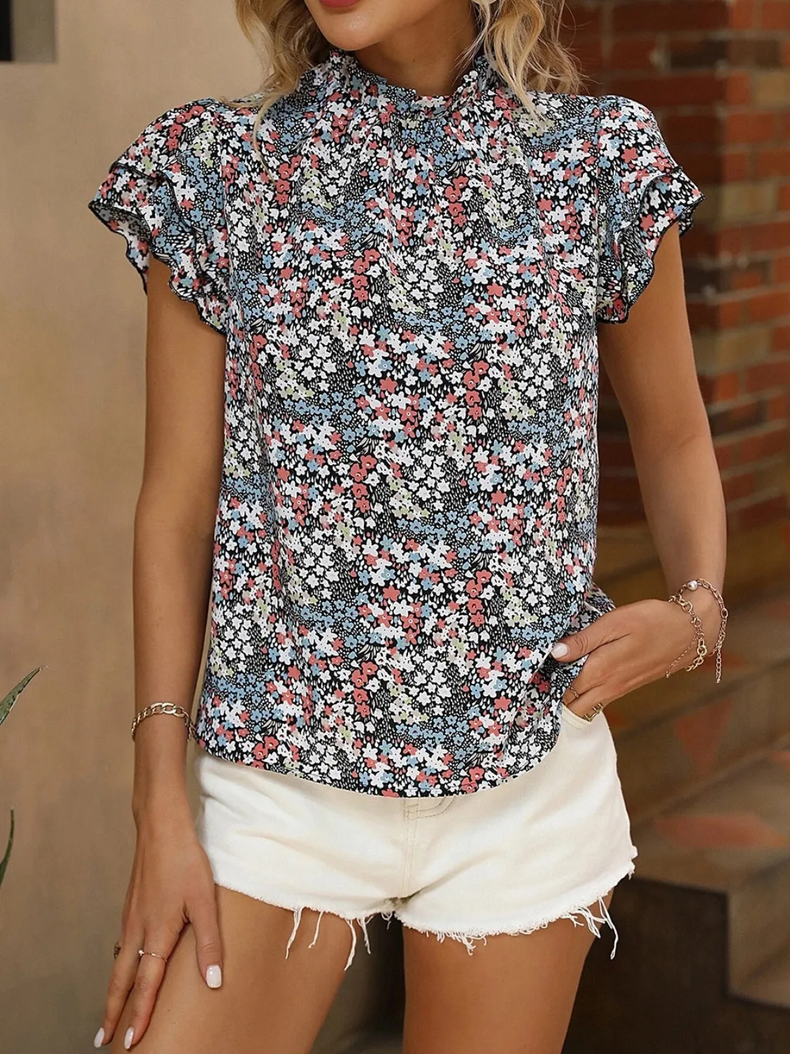 Floral Mock Neck Cap Sleeve Blouse Women's Short Sleeve Top