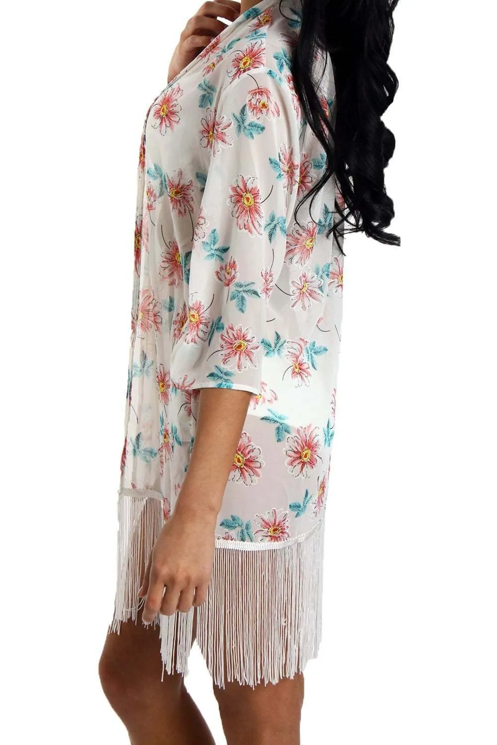 Floral Print Fringed Kimono