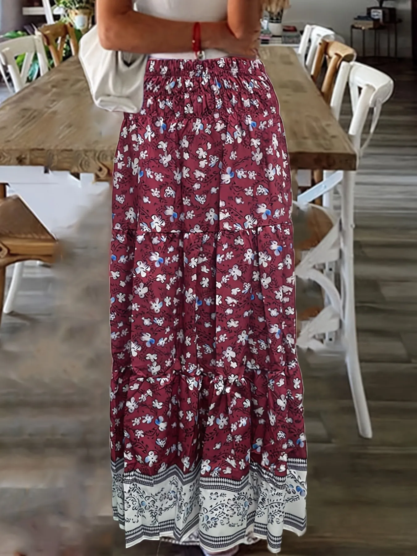 Floral Print High Maxi Vacation Beach Ruffle Hem Loose Skirts