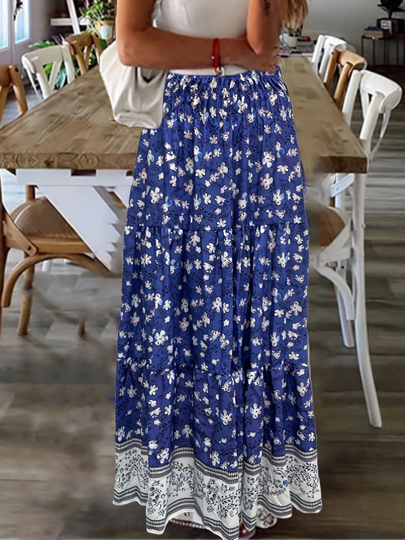 Floral Print High Maxi Vacation Beach Ruffle Hem Loose Skirts