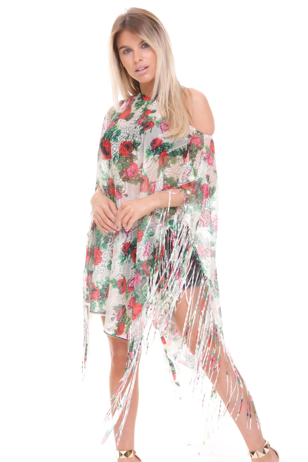 Floral Print Sheer Tassel Trim Holiday Kaftan Top