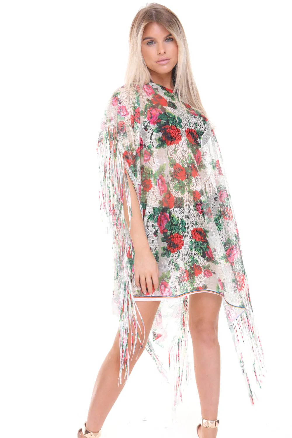 Floral Print Sheer Tassel Trim Holiday Kaftan Top