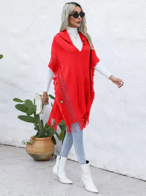 Fringe Trim Buttoned Hooded Poncho